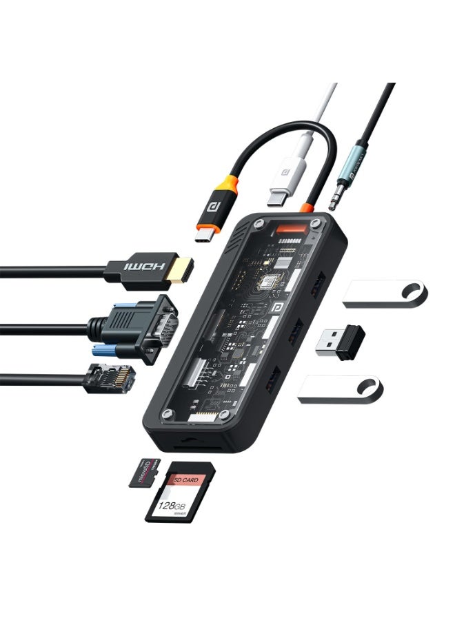 بورترونيكس Portronics MPort View Three 10-in-1 USB-C Docking Station, 100 W PD Charging, 4K HDMI, VGA, RJ45 Ethernet, SD/TF Card Slots, USB 3.0/2.0 Ports, 3.5 mm Audio, for All Type C Devices, Windows/MacBook - Image 1